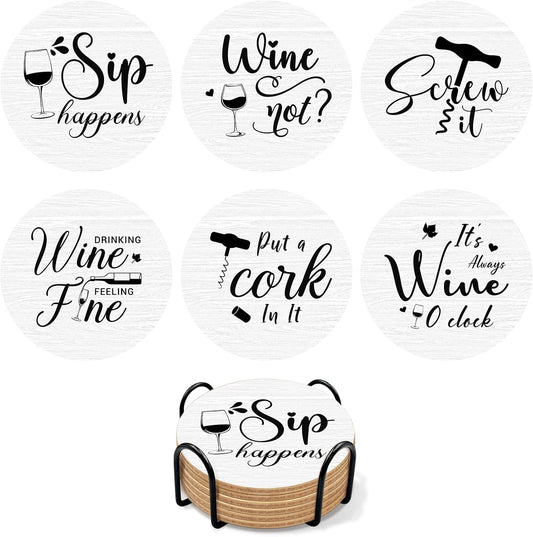 6 PCS Funny Sayings Cork Coasters for Drinks, Funny Wooden Coasters for Drinks with Coaster Holder, Living Room Kitchen Decor, for Wine Lover and Housewarming Present