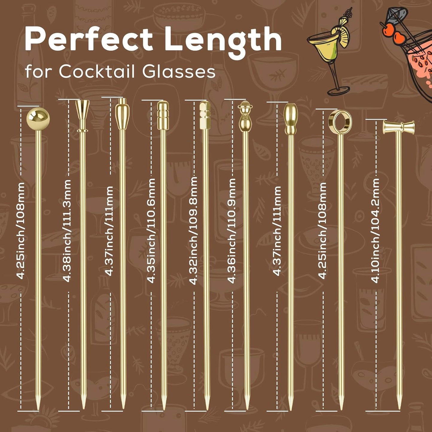 Metal Cocktail Martini Picks Gold, 4.1 in Olive Skewers Stainless Steel, Martini Garnish Sticks Reusable, Metal Toothpicks for Drinks, Appetizers, Cheese, Gift for Mother Bar Accessories - 9 Pcs
