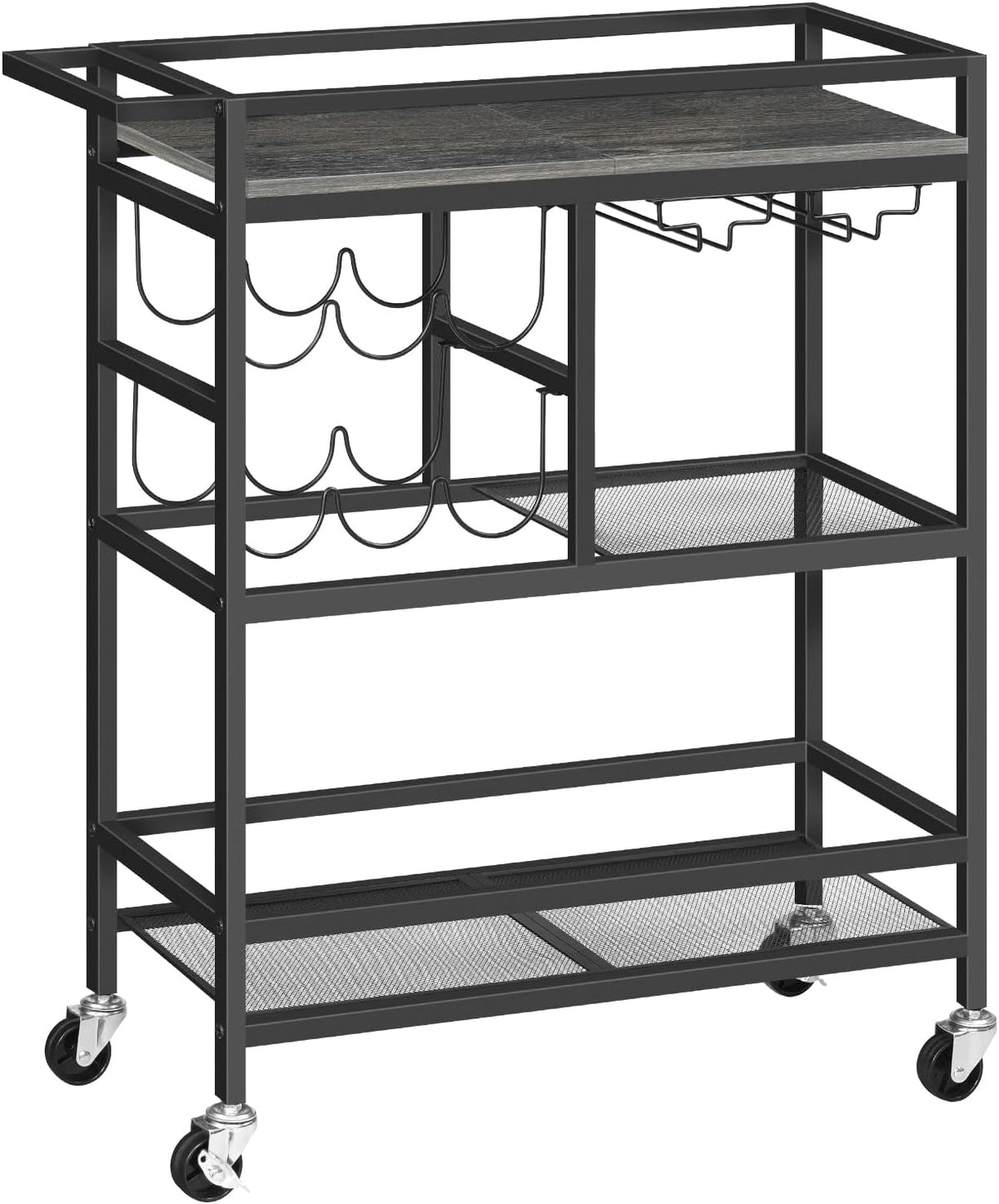 MAHANCRIS Bar Cart for Home, 3-Tier Serving Cart with Wheels and Handle, Beverage Cart with Wine Rack and Glass Holders, Rolling Wine Cart for Kitchen, Dining Room, Rustic Brown RCHR6101 - Charcoal Gray and Black