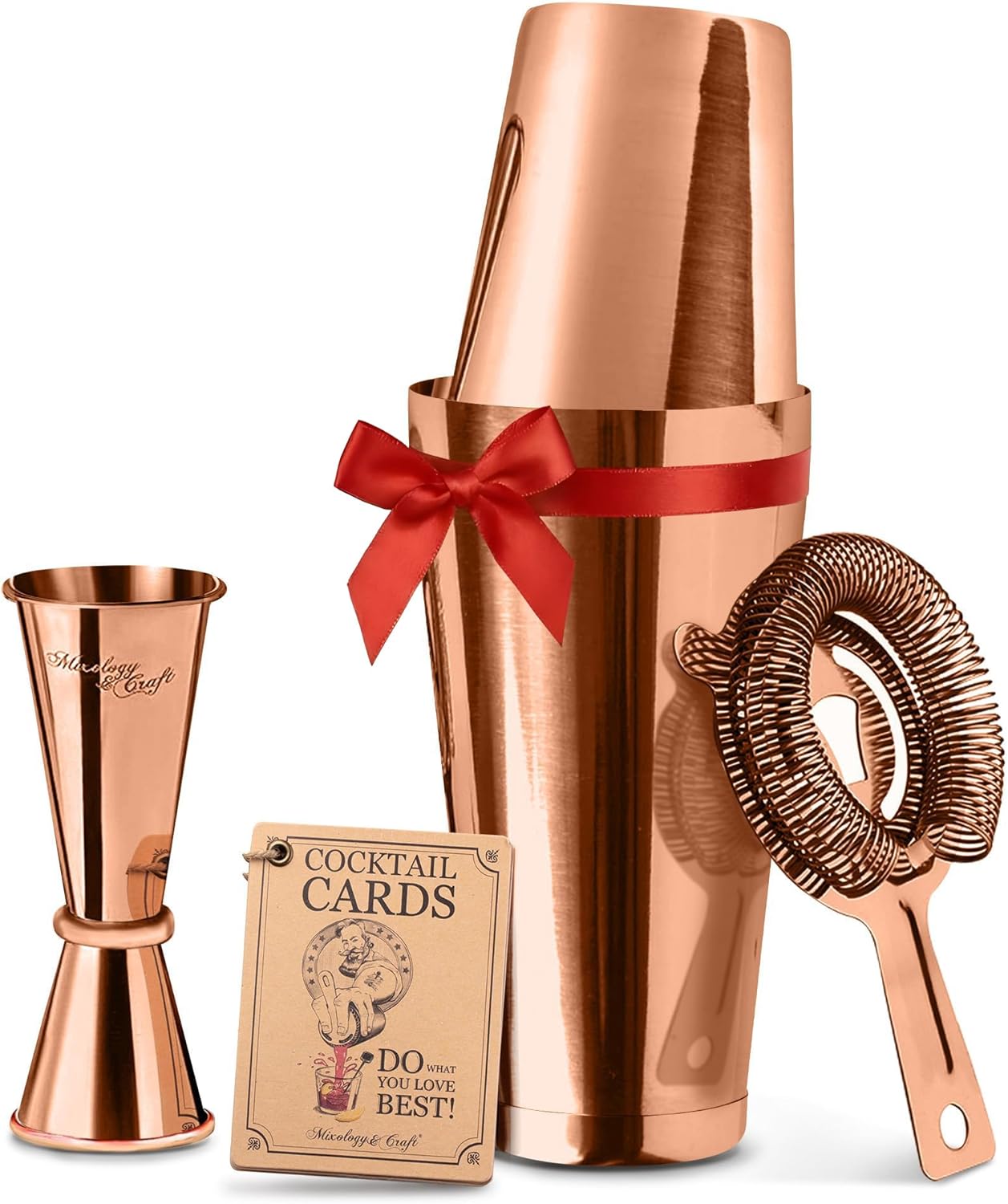 Mixology & Craft Boston Shaker Set with Weighted Martini Mixers, Strainer, Japanese Jigger, Leak-Proof Copper Finish, Exclusive Recipe Cards – Ideal Bar Tools Gift for Home Or Professional Use