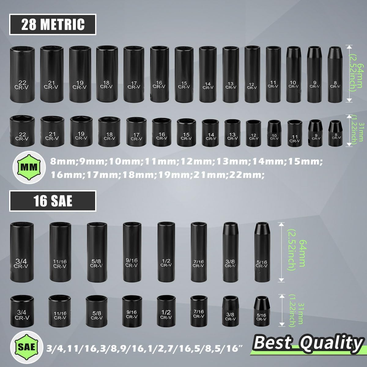 3/8" Drive Socket Set 50-Piece, SAE (5/16-3/4") & Metric (8-22mm), Deep & Shallow Impact Socket Set with Case, 6 Points, Premium CR-V, Extension Bars, Universal Joint & Power Drill, Gift for Men