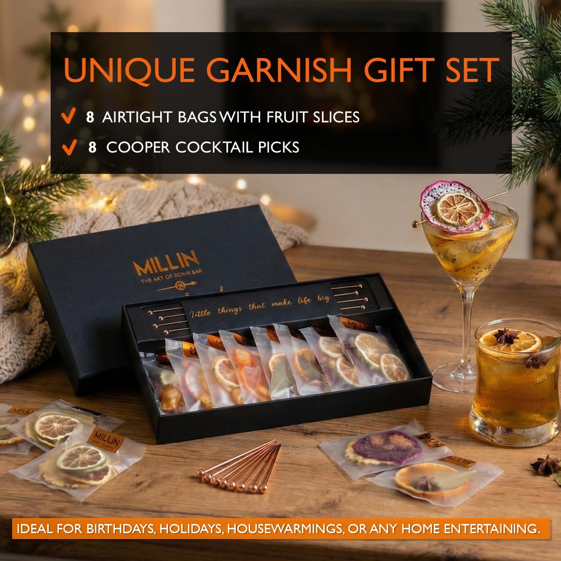 MILLIN GOURMET GARNISH GIFT SET with COCKTAIL PICKS I 100% Natural Dehydrated fruits I Professional Bartenders Men Women Corporate Liquor Holiday Unique Gift -Medium (35 slices + 8 picks)