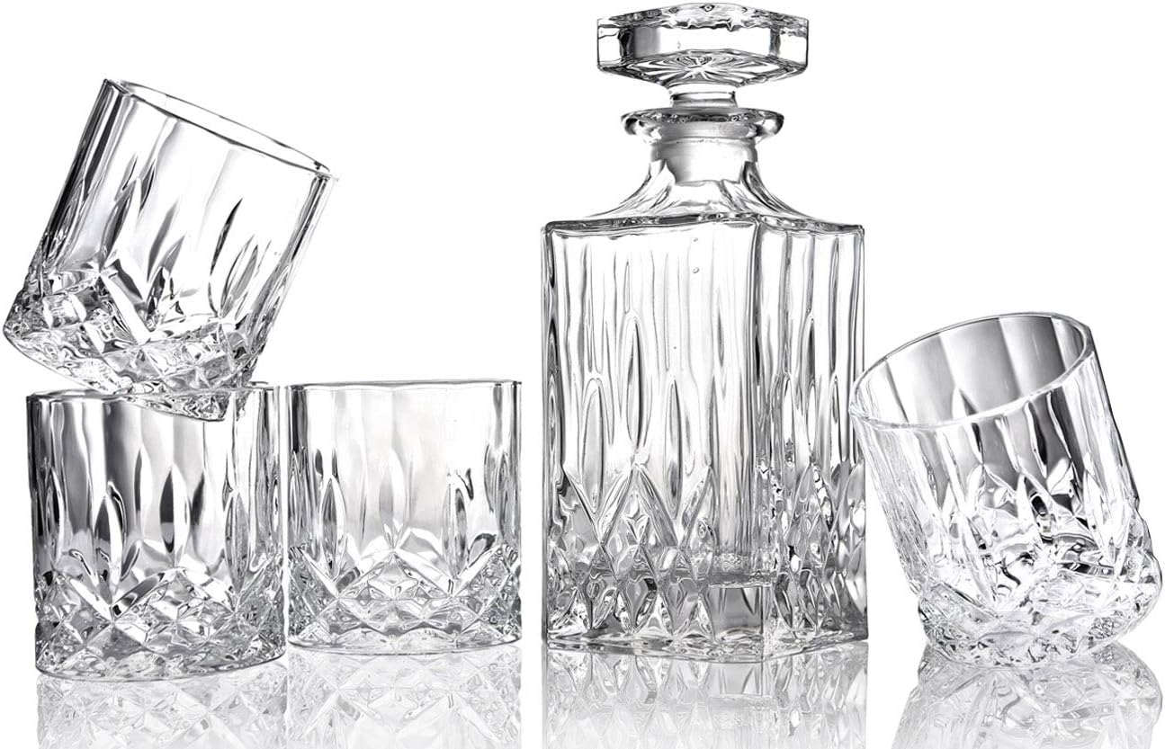 ELIDOMC 5PC Italian Crafted Crystal Whiskey Decanter & Whiskey Glasses Set, Crystal Decanter Set With 4 Whiskey Glasses, Whiskey Decanter Sets for Men.