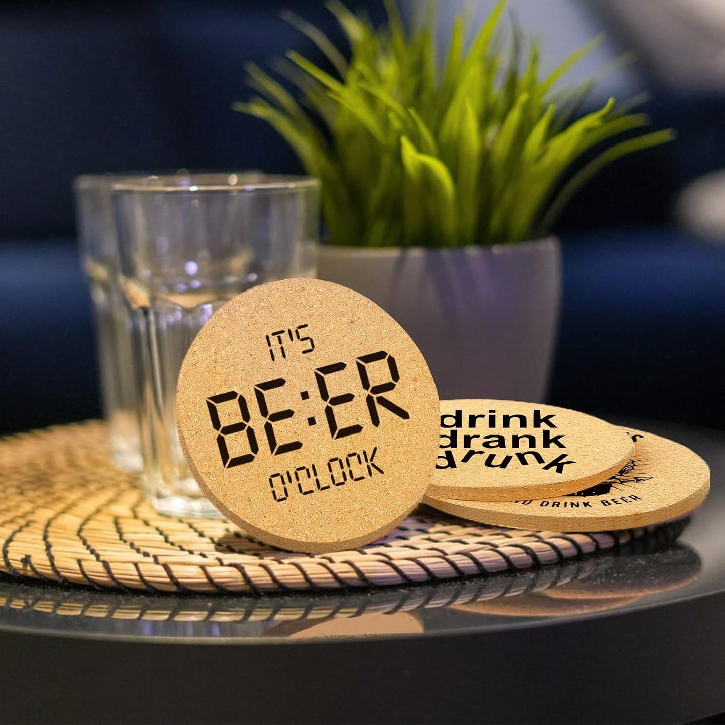 Coasters for Drinks with Holder Set of 6, Absorbent Cork Wood Coaster for Cup Desk Office Table Kitchen Decor House Warming Gifts for New Home Couples, Round 4"