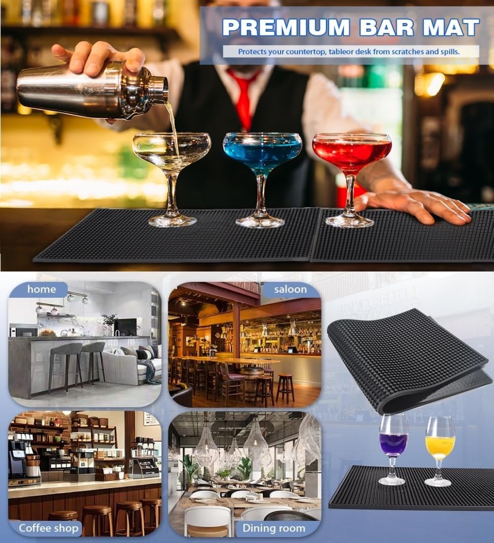 Bar Mat 4Pack IMIYOKU 0.3" Thick Durable Bar Mat for Spills Service Mat for Coffee Bars Restaurants and Counter Top Dish Drying Mat Glass Drying Mat (Black 1PC/18" x 12" +1PCS/23" x 3" +2PC/12" x 6")