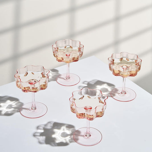 Khen Flower Vintage Wavy Petals Wave Glass Coupes 7oz Colorful Martini, Champagne & Cocktails - 4 Set - Rippled & Champagne Glasses, Bar Glassware Copyright Design (Pink)