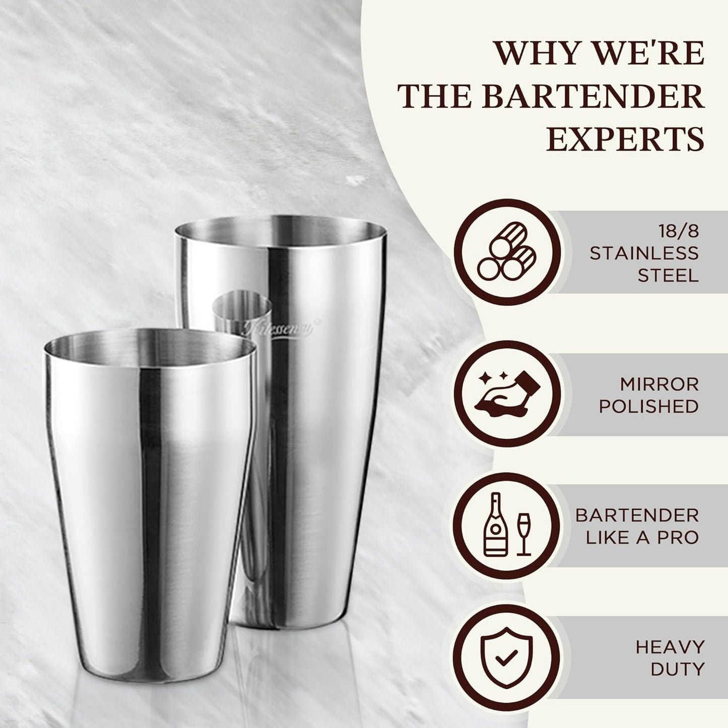 KITESSENSU Cocktail Shaker Set, 2-Piece Boston Shaker Set for Drink Mixing, Premium 18/8 Stainless Steel Martini Shaker for Bartending and Home Bar - 18oz & 28oz, Recipes Booklet Included, Silver