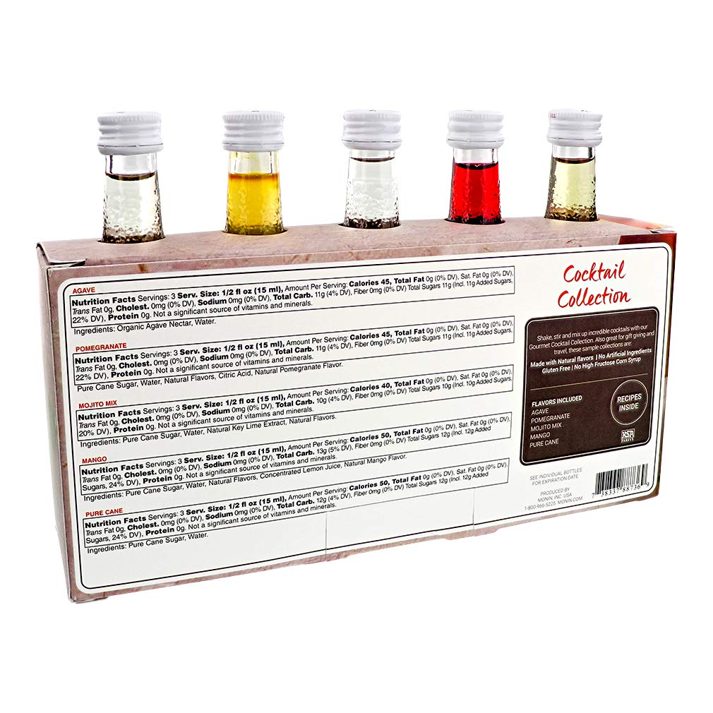 Monin - 5 Flavor Classic Cocktail Collection: Pomegranate, Mojito, Agave Nectar, Mango, and Pure Cane Syrups, Great for Classic Happy Hour Cocktails, Non-GMO, Gluten-Free (50 ml per bottle)