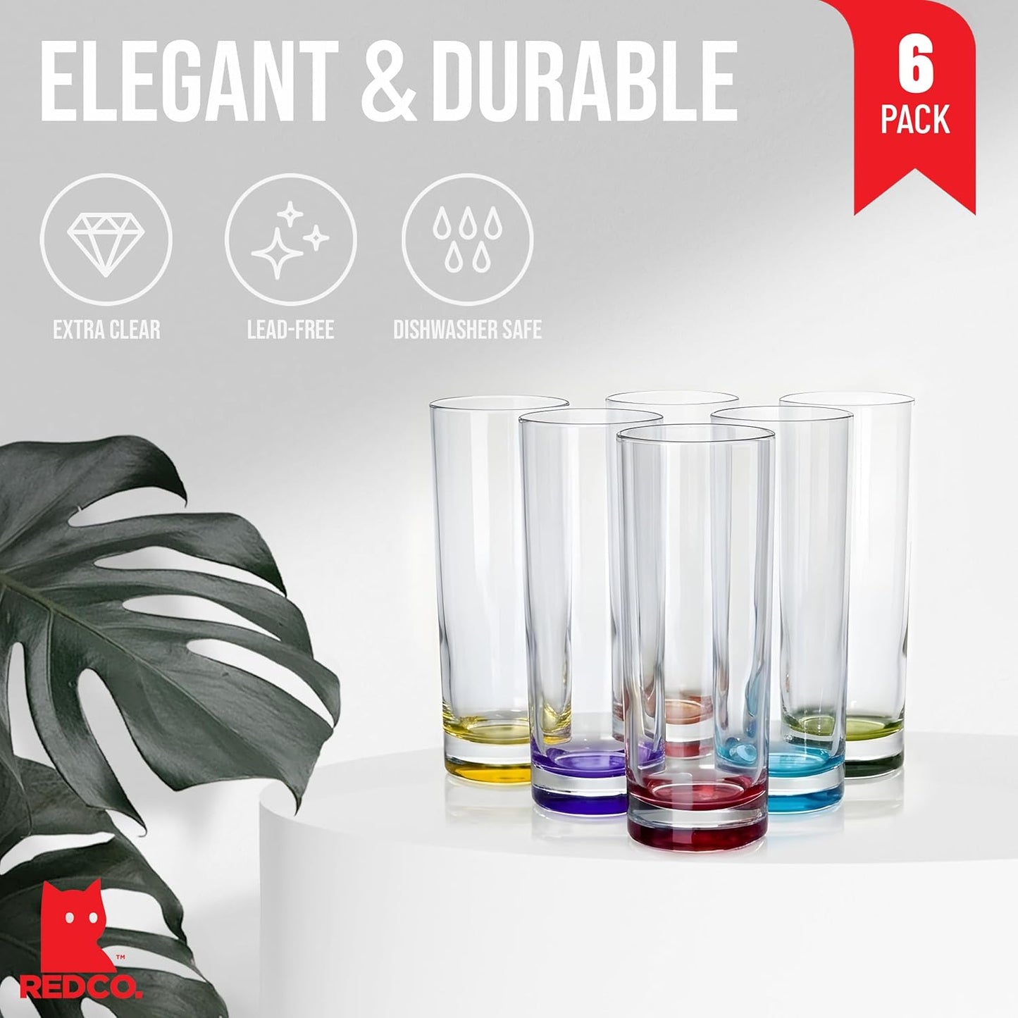 Red Co. Set of 6 Collins Slim Tall Highball 10 Fl Oz Water Beverage Glasses with Multicolor Bottoms