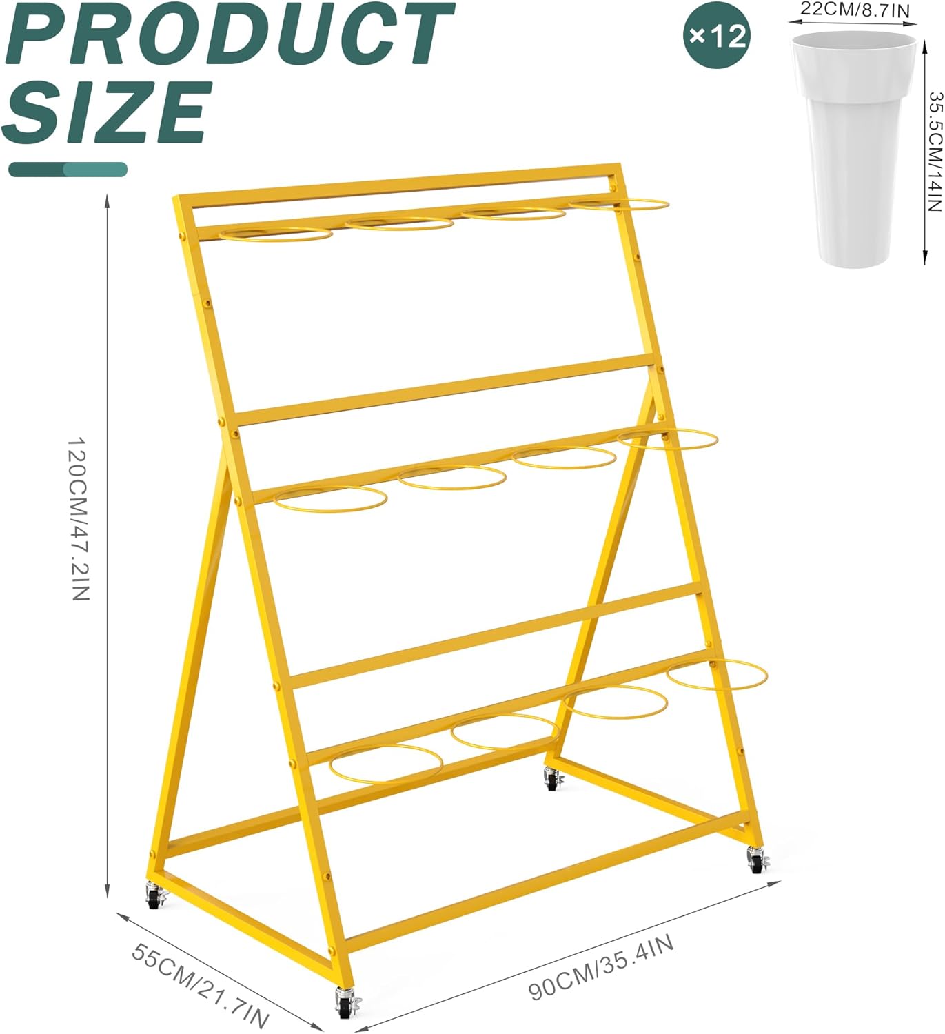 Asee'm Flower Display Stand with Buckets, 3 Layer Metal Flower Bar Stand, Heavy Duty Flowers Cart Display with Wheels Moving Plant Bouquet Shelf for Indoor Outdoor Patio Decor Terrace Wedding Gold