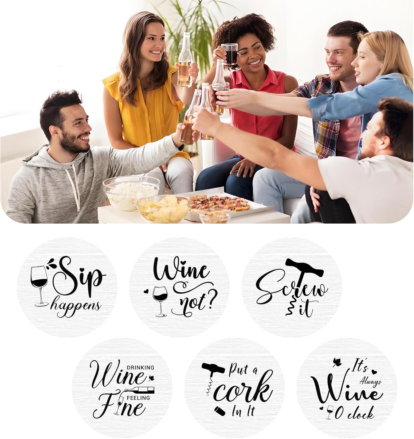 6 PCS Funny Sayings Cork Coasters for Drinks, Funny Wooden Coasters for Drinks with Coaster Holder, Living Room Kitchen Decor, for Wine Lover and Housewarming Present