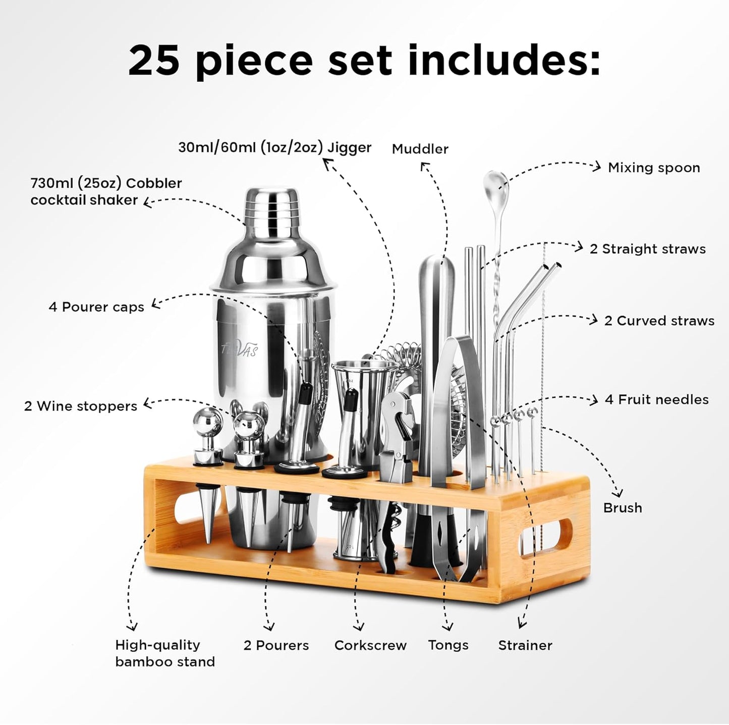 Mixology Bartender Kit with Japanese Jigger & Bamboo Stand - 25 Piece Stainless Steel Cocktail Making Set, Shaker, Strainer, Mixer, Spoon, Muddler, Barware Tools - Birthday Gifts & Anniversary