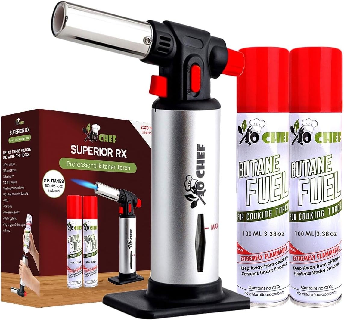 Jo Chef Kitchen Torch with Butane Included – Refillable butane torch Lighter with Safety Lock & Adjustable Flame, Culinary Blow Torch for Cooking, Creme Brulee and Soldering 2 Cans (3.38oz) Included