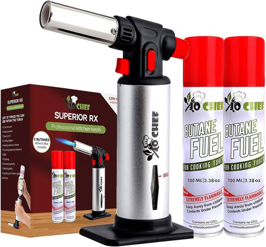 Jo Chef Kitchen Torch with Butane Included – Refillable butane torch Lighter with Safety Lock & Adjustable Flame, Culinary Blow Torch for Cooking, Creme Brulee and Soldering 2 Cans (3.38oz) Included
