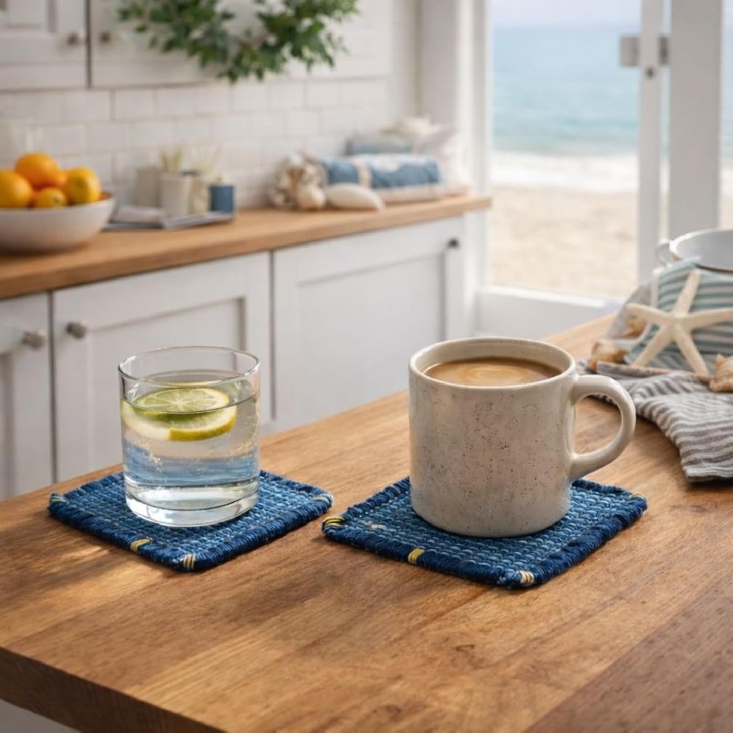 Boho Fabric Coasters for Home Decor Set of 6, Handcrafted Cotton Drink Coasters, Coastal Farmhouse Table Decor for Coffee, Tea & Cocktails, Housewarming Gift
