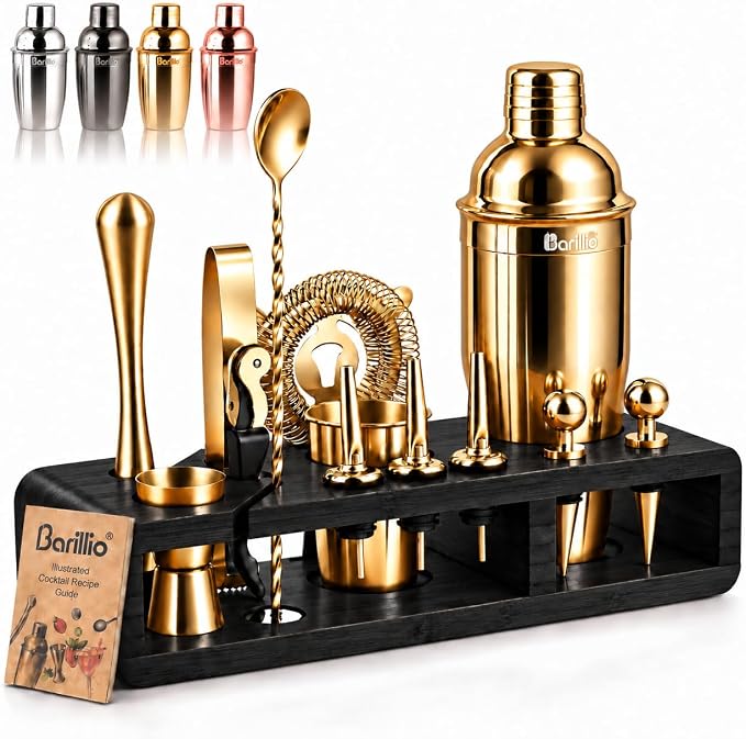 Barillio Bartender Kit - Stainless-Steel Cocktail Shaker Set w/Bamboo Stand - Mixology Bar Tools w/Drink Shaker, Mixer Spoon & Muddler for Cocktails - Home Bar Accessories - 23-Pc Bar Set - Silver - Gold - Black Bamboo