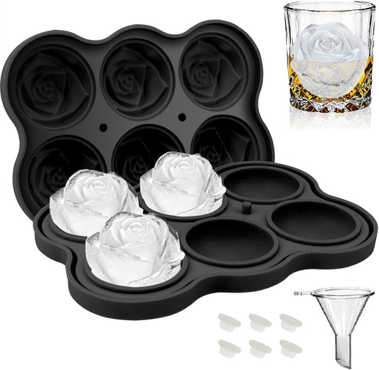 CAMKYDE Rose Ice Cube Tray 2 Inch [1 Mold + 1 Funnel + 6 Stoppers], 6 Cavity Silicone Rose Ice Cube Mold for Whiskey, Chilling Cocktails, Bourbon, Juice (Black) - Six 2-inch Rose Ice (Black)
