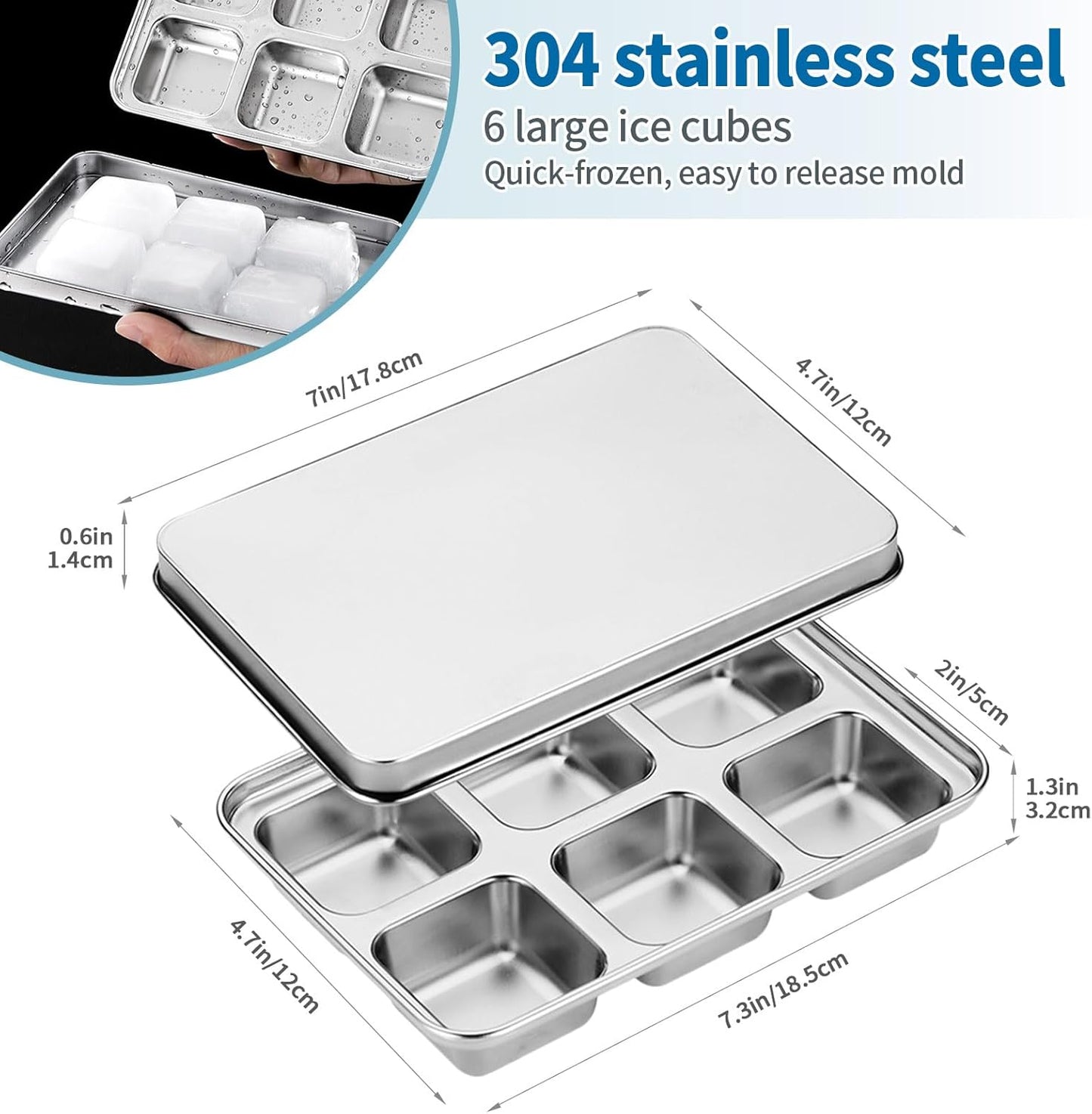 Stainless Steel Ice Cube Trays with Lid, Easy Release Durable Metal Ice Mold for Freezer, Ideal for Whiskey, Cocktails & Drinks (2 Pack)
