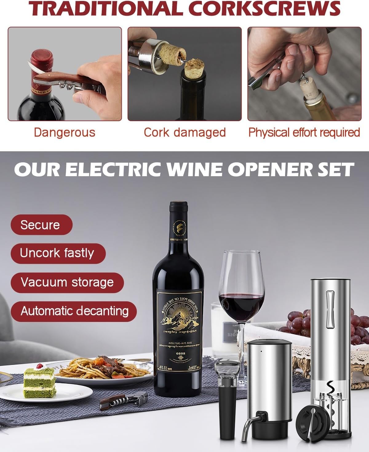 Electric Wine Opener Set, 4 in 1 Electric Wine Bottle Opener, Rechargeable Corkscrew Opener with Aerator, Foil Cutter, Vacuum Stopper, Ideal Present for Wine Lovers, Party, Wedding