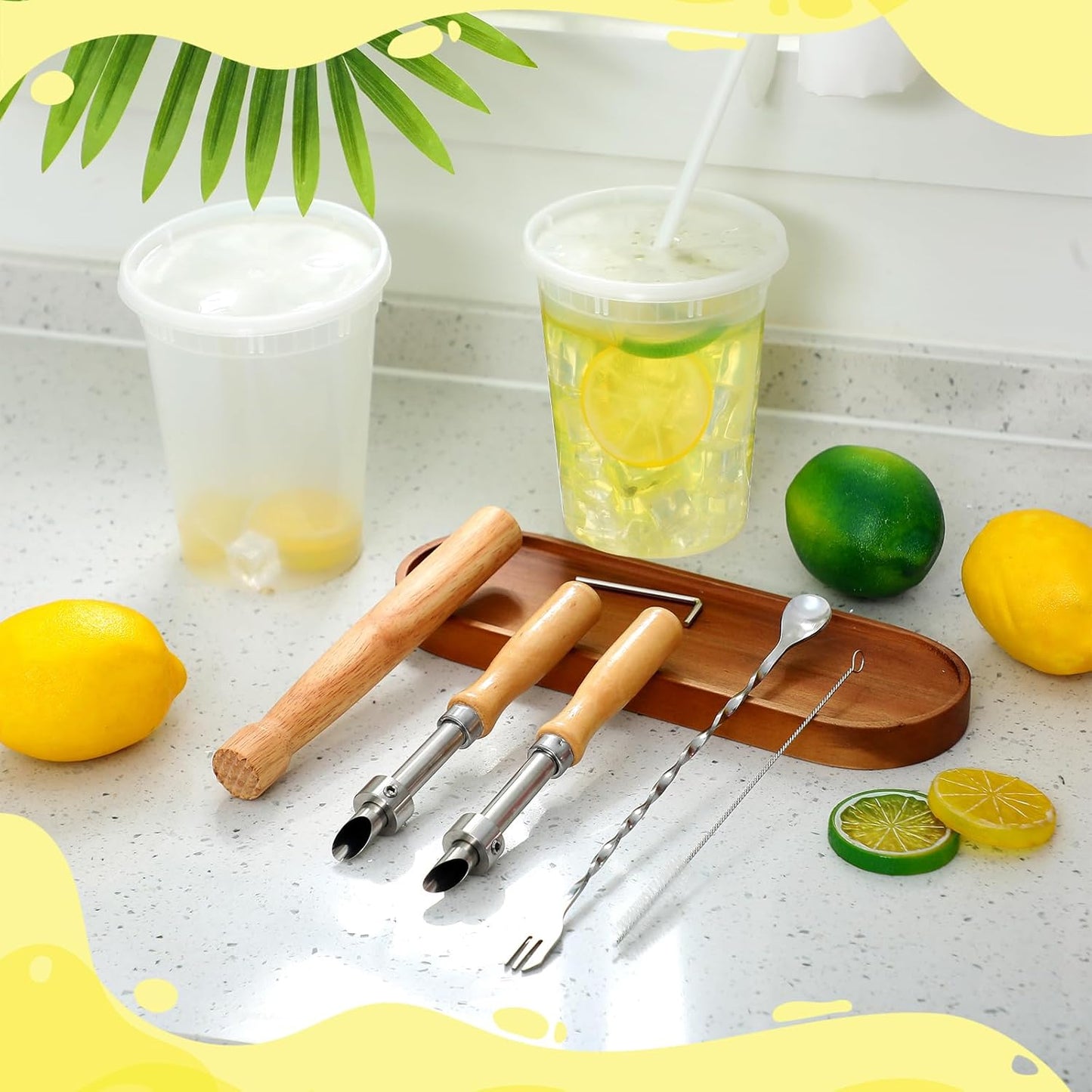 Lasnten 5 Pack Lemonade Stand Supplies Kit Straw Hole Punchers for Plastic Lids Stainless Steel Muddler Mixing Spoon Straw Cleaning Brushes for Lemonade Preparation Wood Handle Hole Punch Tool