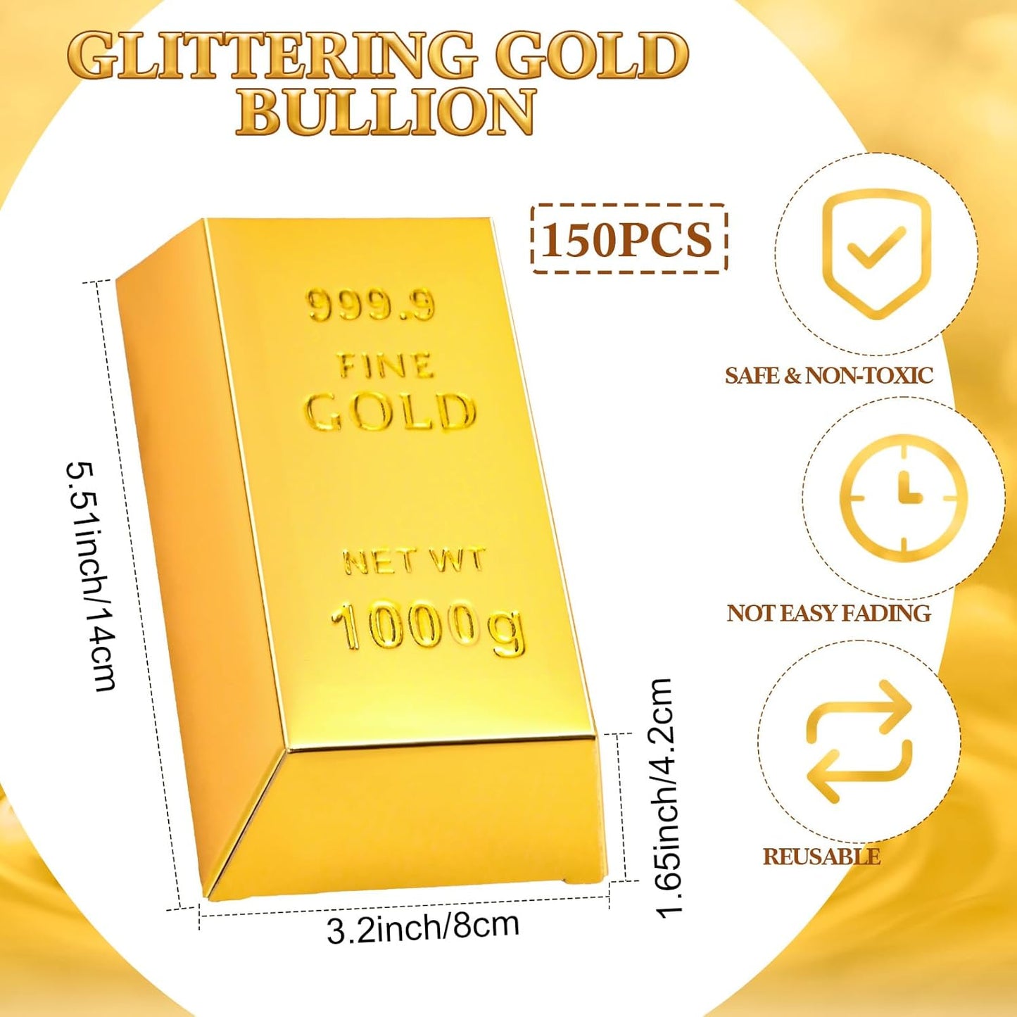 Honoson 150 Pcs Gold Bar Fake Gift Box Foil Gold Bar Party Favor Boxes Paper Golden Favor Boxes Treasure Brick for Pirate Casino Theme Party Decorations Candy Treats Chocolate Toys, 5.5 x 3.2 Inches