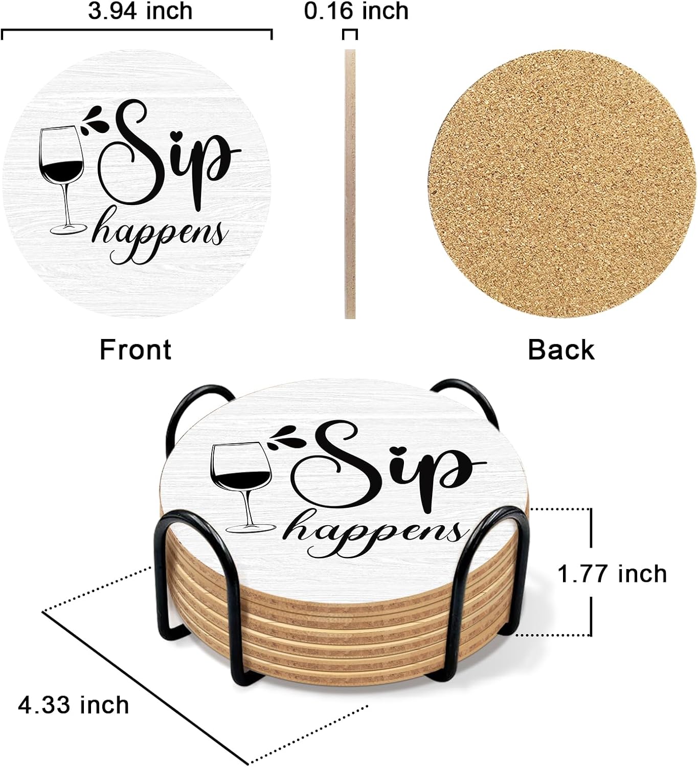 6 PCS Funny Sayings Cork Coasters for Drinks, Funny Wooden Coasters for Drinks with Coaster Holder, Living Room Kitchen Decor, for Wine Lover and Housewarming Present