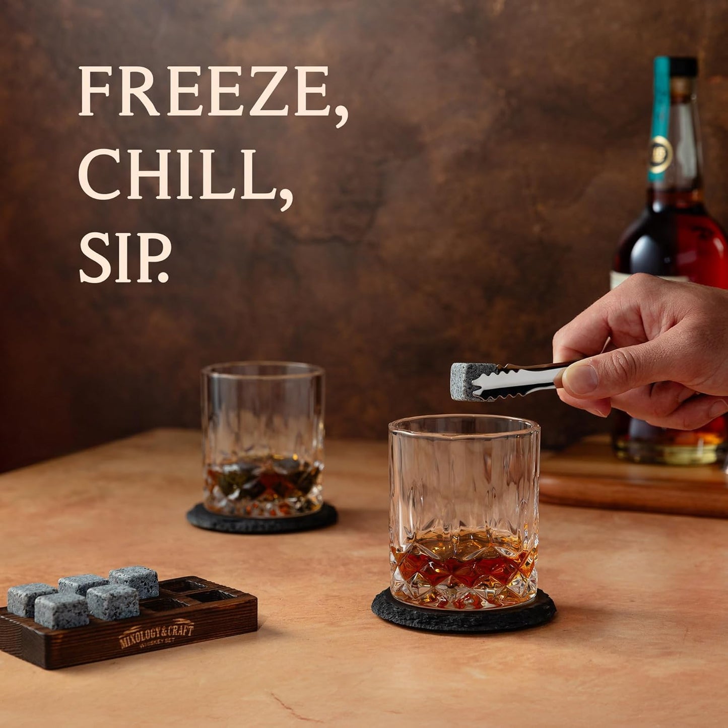Mixology & Craft Whiskey Gift Set, Whiskey Glass Set with Rustic Wooden Crate, 8 Granite Whiskey Rocks Chilling Stones, 10oz Glasses, Raffle Gift for Men, Dad, Husband, Boyfriend - Jameson Dark Brown
