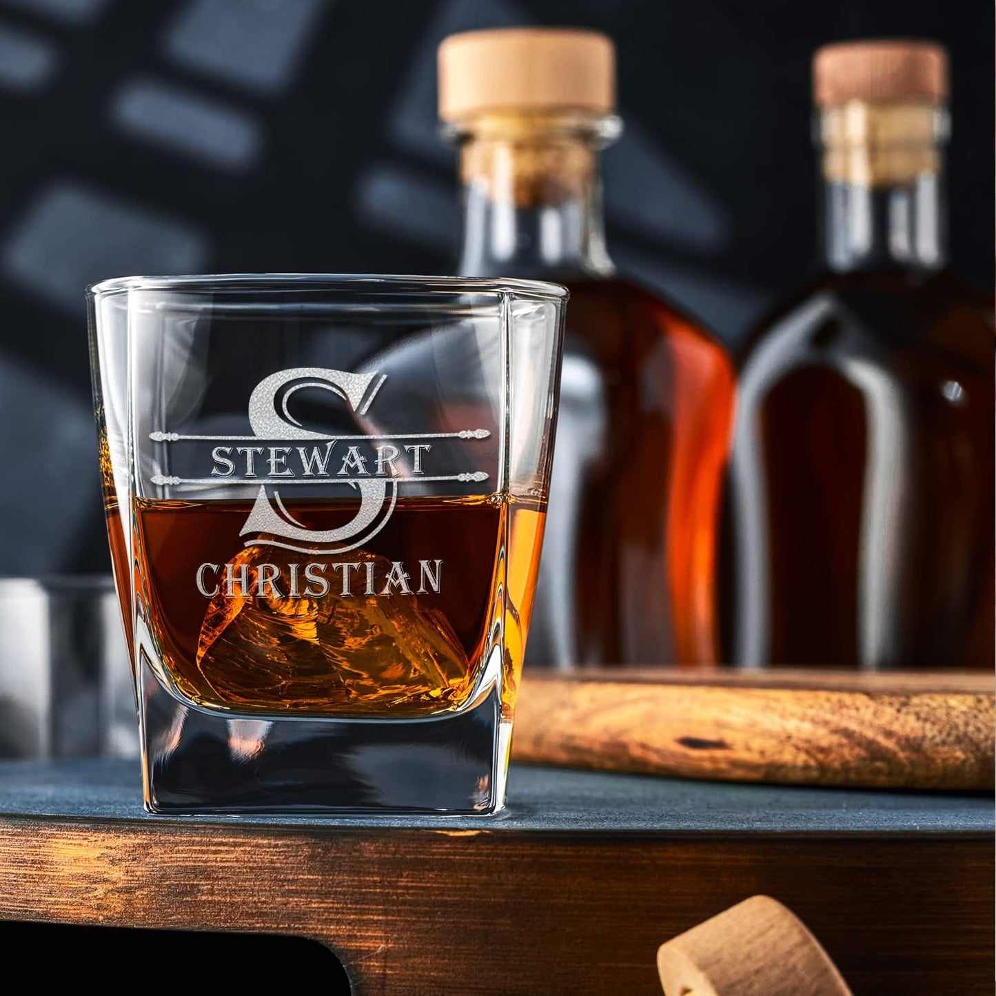 Cuptify Personalized Whiskey Glass for Men Set of 2 Etched Split Letter Name 12 oz Double Old Fashioned Rocks Cocktail Bourbon Glass Customizable Designs Gift