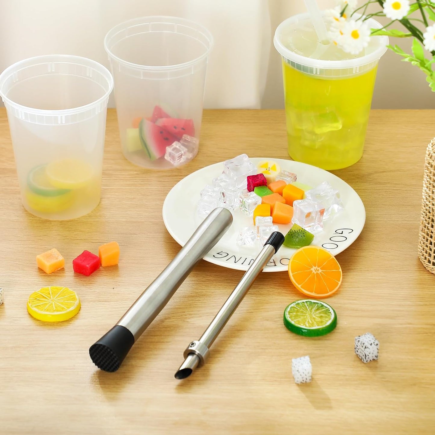 2 Pcs Straw Puncher and Muddler for Lemonade Plastic Lids Cups, Straw Hole Puncher, 304 Stainless Steel Muddler, Fresh Squeezed Lemonade Stand Supplies