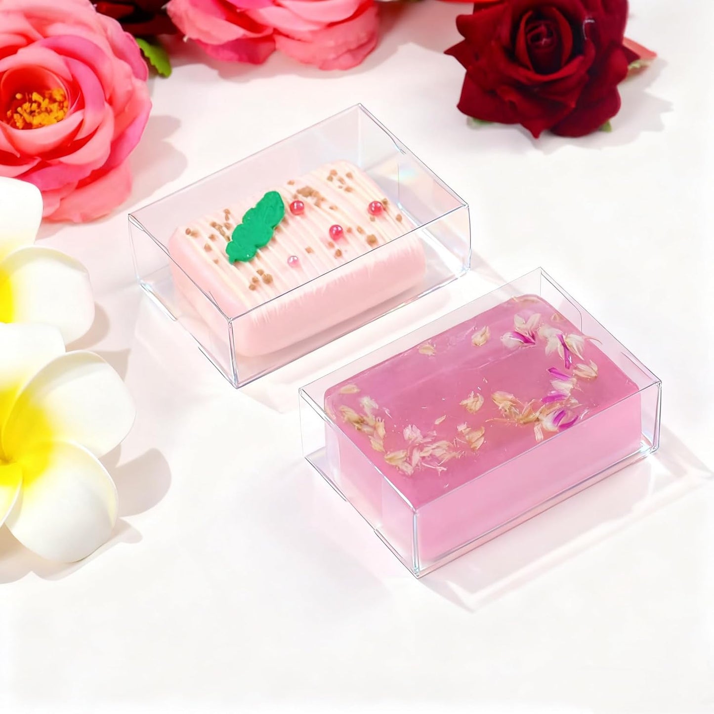 JCXGRVC 40 Pack 3.5"x2.36"x1.2" Clear Plastic Soap Boxes for Homemade Soap Small Dessert Gift Bakery Boxes for Macarons, Cookies & Candies, Wedding & Birthday Party Favors