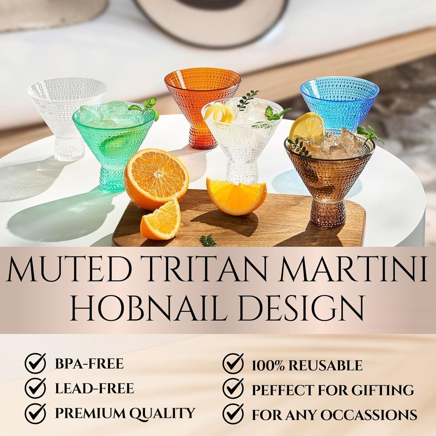 Khen Plastic Hobnail Martini & Cocktail Drinking Glasses Set of 6 Neutral Tones Cups 14oz, Shatterproof & Unbreakable Acrylic Beaded Design, BPA-Free, Dishwasher Safe Indoor/Outdoor Drinkware Water