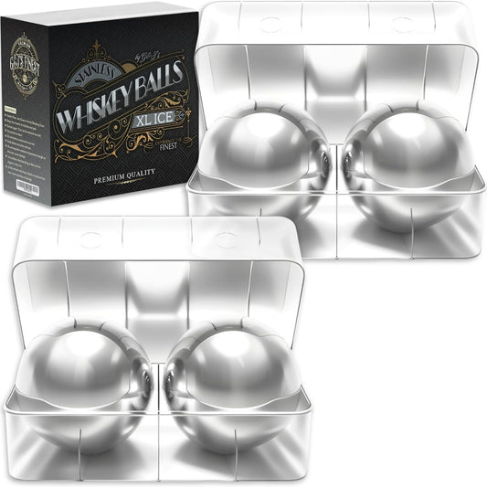 4 Premium XXL 55mm Stainless Steel Ice Whiskey Balls with Freezer Tray| Whiskey Rocks, Chilling Stones, Whiskey Stone Ice Cube Balls, Round Chilling Spheres (Not Solid Steel) - 4 XXL Balls (55mm)