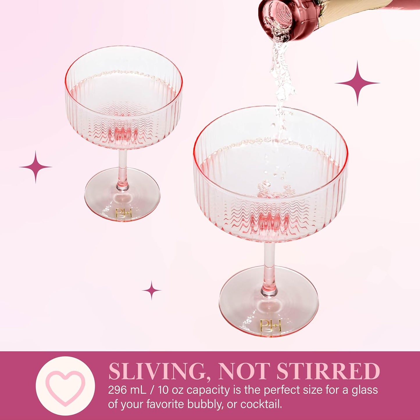 Paris Hilton Ribbed Coupe Cocktail Glass Set, Elegant Fluted Glassware, Perfect for Champagne, Martinis, Wine and More, Set of 2, 10-Ounce, Pink
