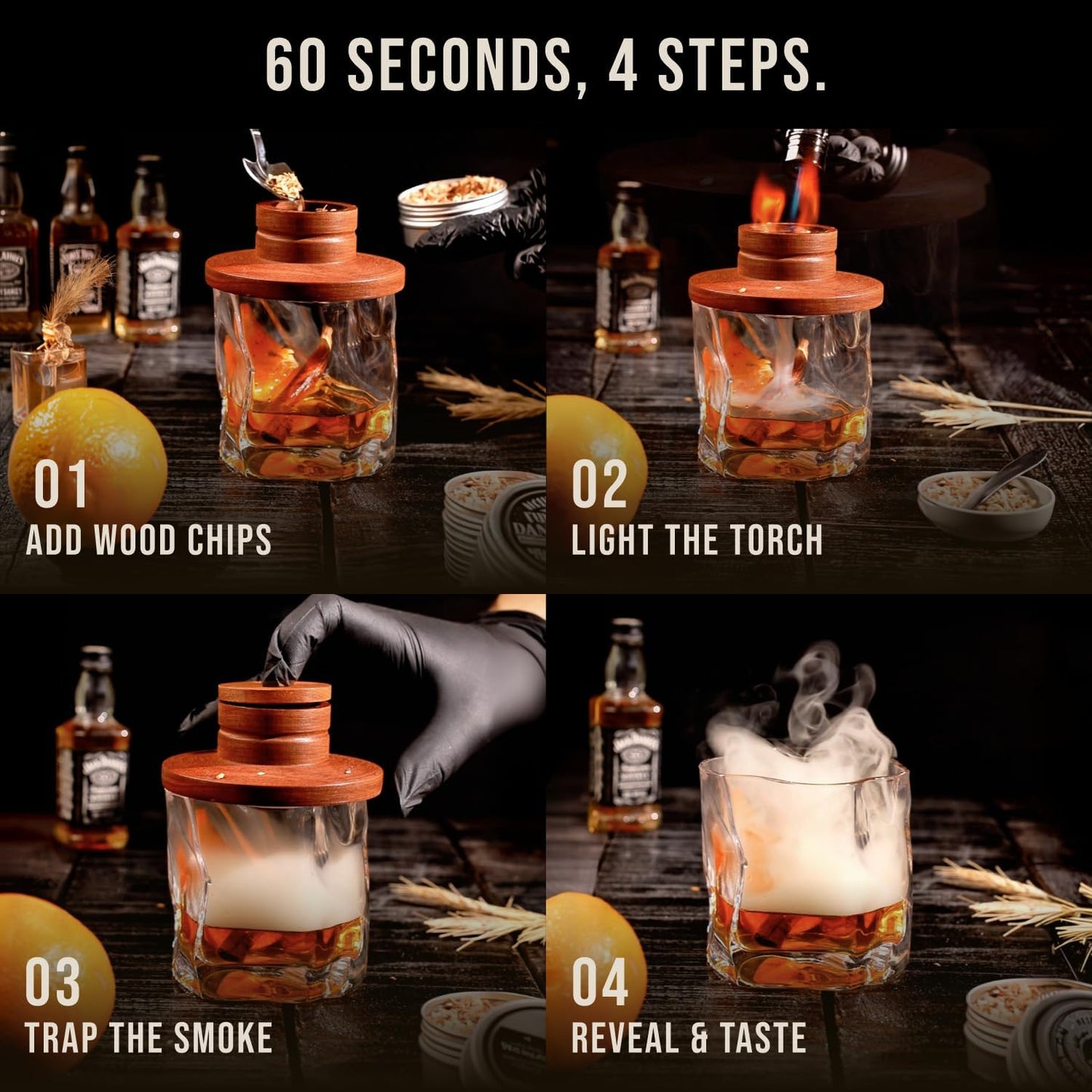 TSUKIGLASS® Premium Japanese Whisky Smoker Kit with Torch - 8 Wood Chip Flavors (200+ Drinks), Sapele Wood Top, Cocktail Infuser for Old Fashioned & Bourbon, Luxury Gift for Men, Dad (No Butane)