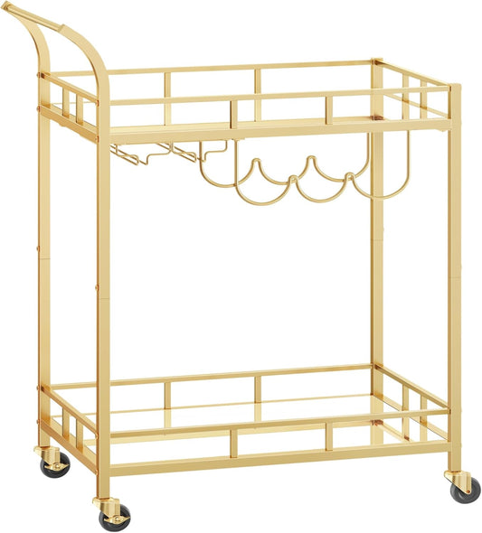 VASAGLE Bar Cart Gold, Home Bar Serving Cart, Wine Cart with 2 Mirrored Shelves, Wine Holders, Glass Holders, for Kitchen, Dining Room, Gold ULRC092A62