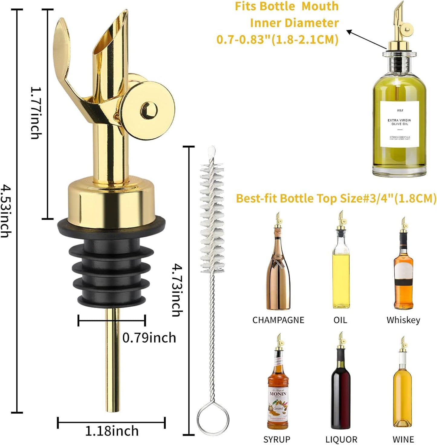 QPIX DIGITAL Weighted Stainless Steel Pourers, 4 Pcs Auto Flip Olive Oil Dispenser Spout, Alcohol Pourer Spouts, Liquor Bottle Pourers with Silicone Funnel, Gold Oil Dispenser for Kitchen