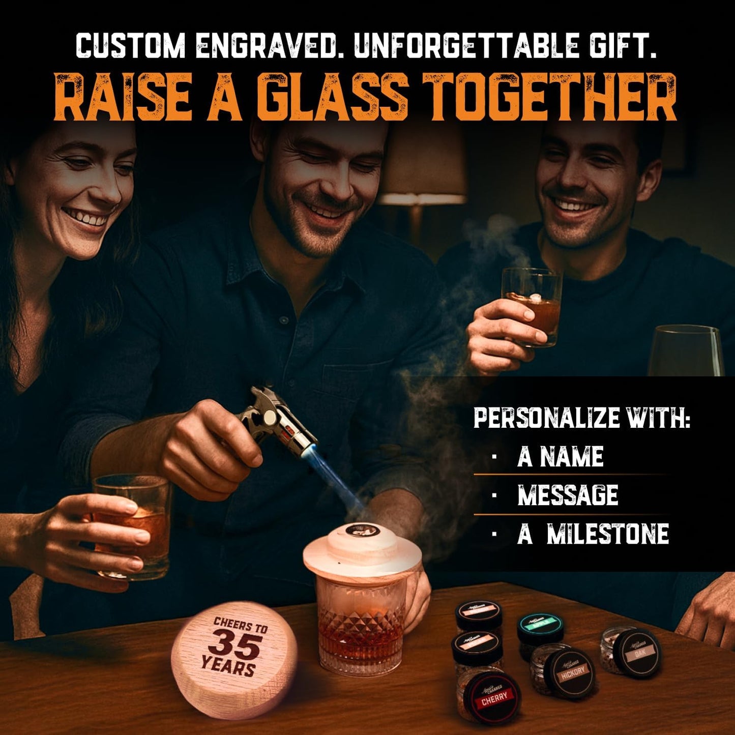 Custom Whiskey Cocktail Smoker Kit with Torch & Wood Chips - Premium Set, USA Oak Smoker - Old Fashioned Cocktail Kit for Whiskey Lovers - Bourbon Gifts for Men - Gift from Wife, Daughter, Son