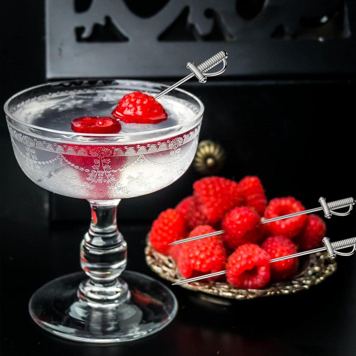 10 Pieces Stainless Steel Cocktail Picks Toothpicks 4.3 Inch Sword Metal Martini Drink Pick Sticks Appetizer Resuable Skewers Food Fruit Cocktail Toothpicks for Birthday Wedding Beach (Silver)