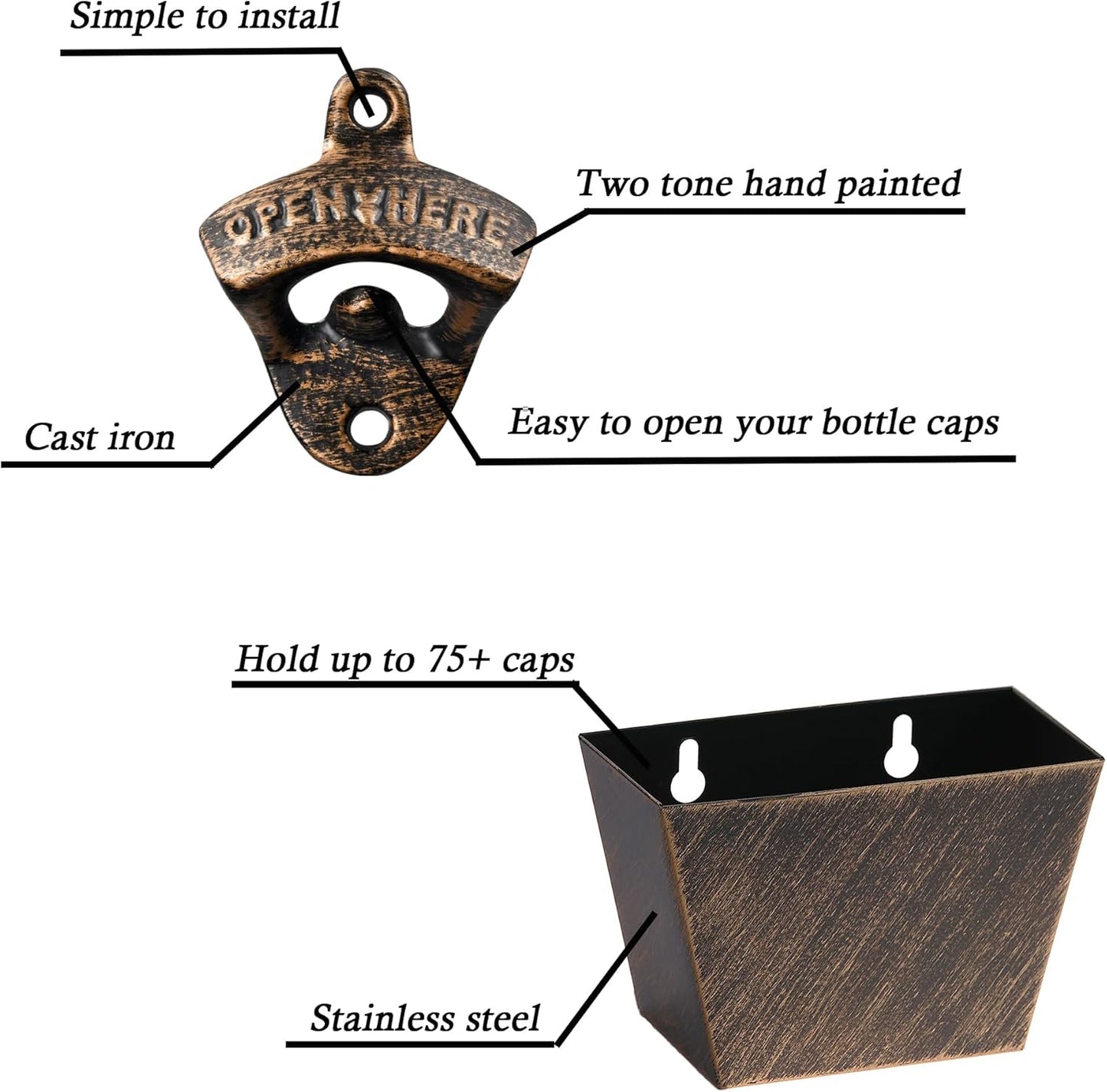 Cast Iron Beer Cap Opener Wall Mounted Bottle Opener with Cap Catcher Post Mounted (Aged Gold)