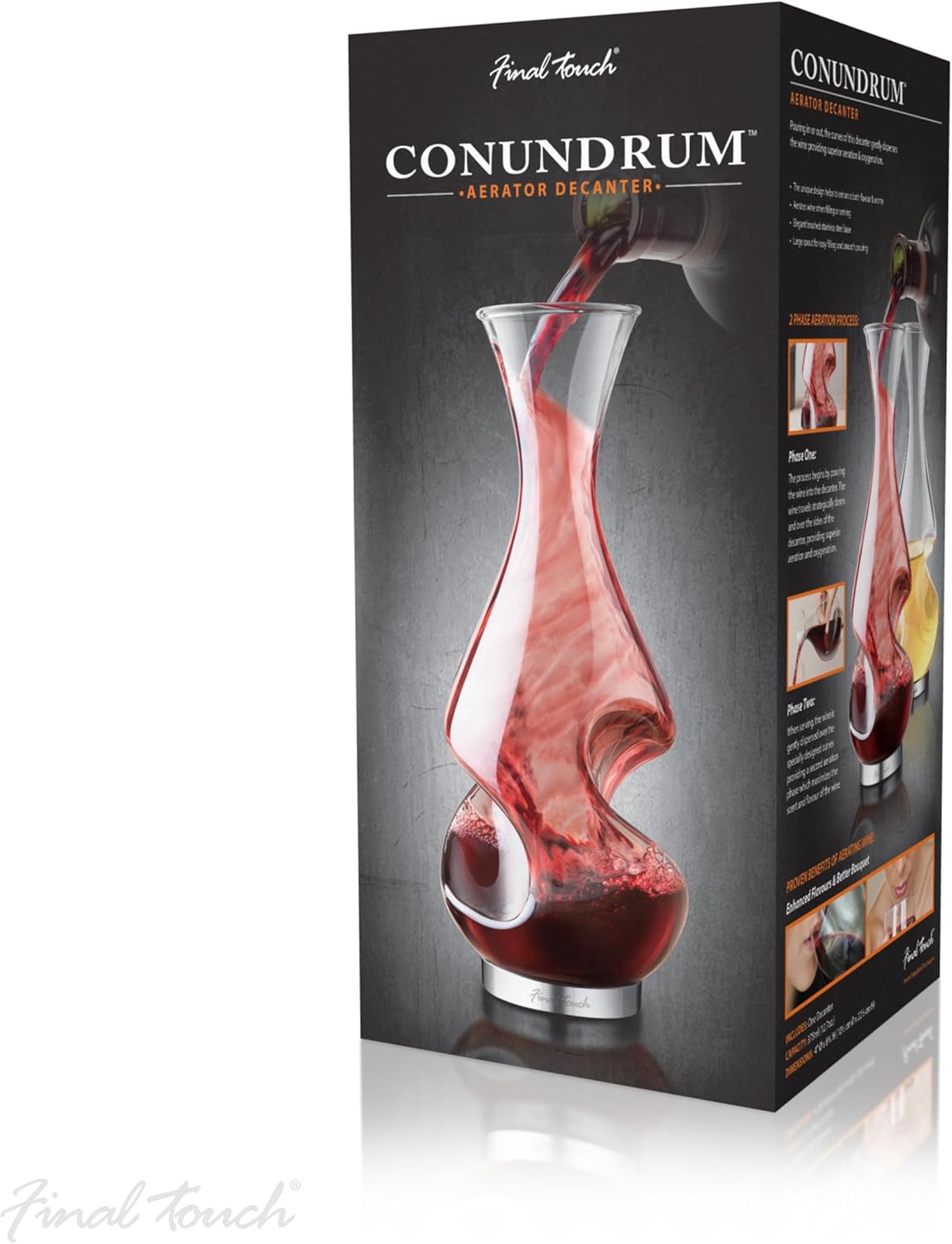 Final Touch Conundrum Wine Decanter Aerator - Superior Aeration & Oxygenation, Two-Phase Aeration Process, Enhances Flavor & Aroma, Elegant Stainless Steel Base, 375ml Capacity (WDA600)