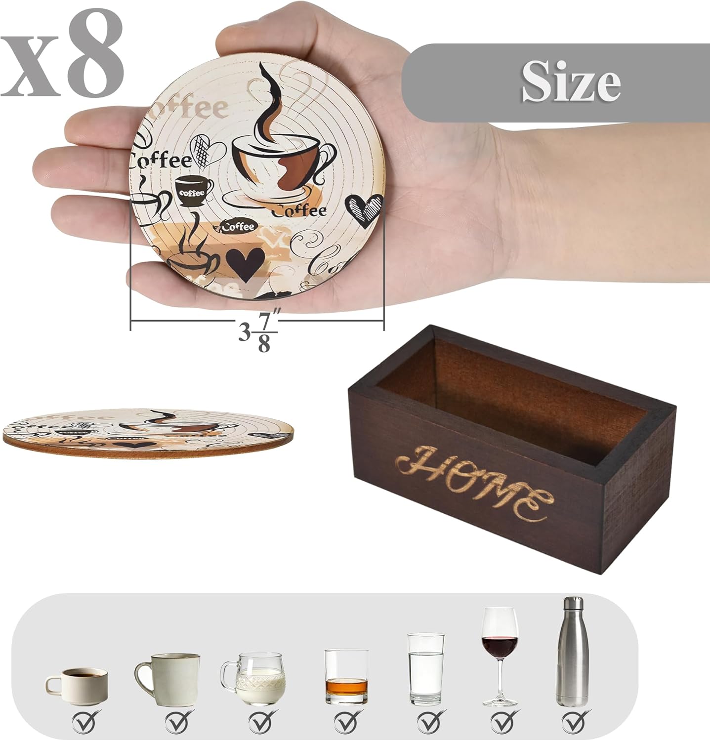 Bar Coaster Set, Drink Coaster for Home Decor, Wood Coffee Coasters 8Pack (Coffee-Brown)