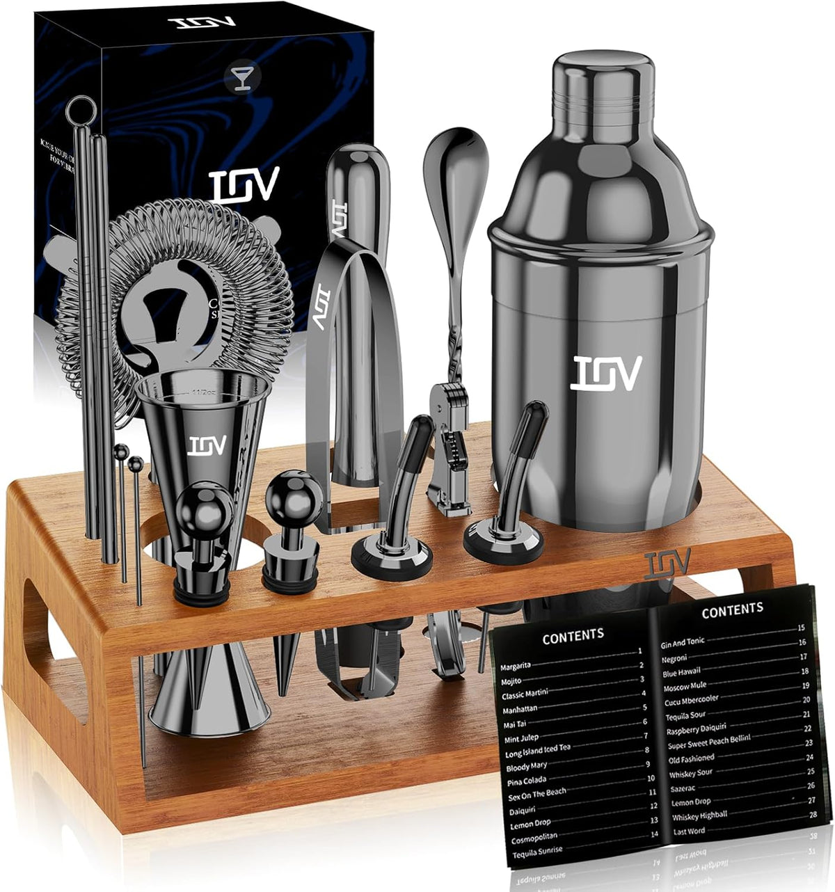 IOV Cocktail Shaker Set Bartender Kit with Stand | Bar Set Drink Mixer Set Includes Martini Shaker, Jigger, Strainer, Mixing Spoon, Muddler, Recipe Book | Home Bar Accessories Gift Set (Silver) - Cocktail Shaker Set-black
