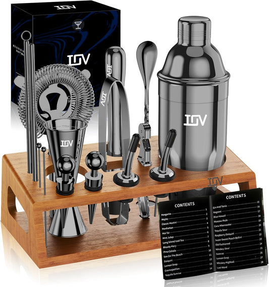 IOV Cocktail Shaker Set Bartender Kit with Stand | Bar Set Drink Mixer Set Includes Martini Shaker, Jigger, Strainer, Mixing Spoon, Muddler, Recipe Book | Home Bar Accessories Gift Set (Silver) - Cocktail Shaker Set-black