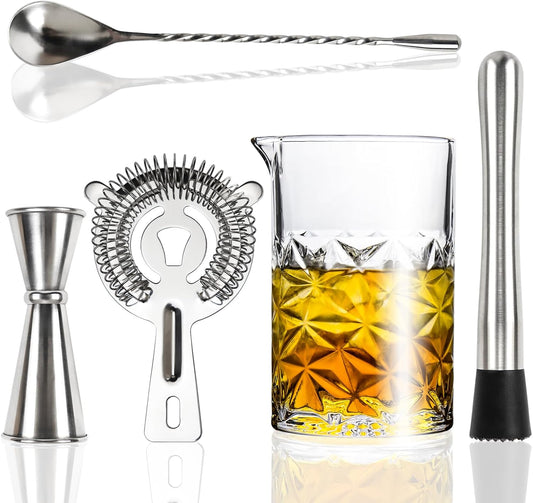 Cocktail Mixing Glass Kit, 24 OZ Crystal Stirring Glass with Stainless Steel Bar Tools – 2 OZ 1 OZ Jigger, Muddler, Strainer, Spoon, Recipe – Bartender Gifts for Men, Elegant Barware for Home & Party