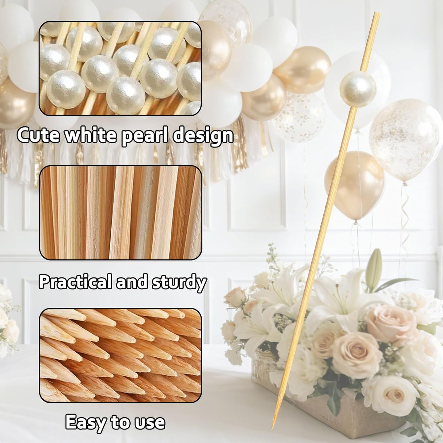 200 PCS Cocktail Picks,White Pearl Fancy Toothpicks for Appetizers,4.7 Inch Long Decorative Bamboo Cocktail Skewers Sticks for Wedding Decor Bridal Shower Decorations,Charcuterie Boards Accessories