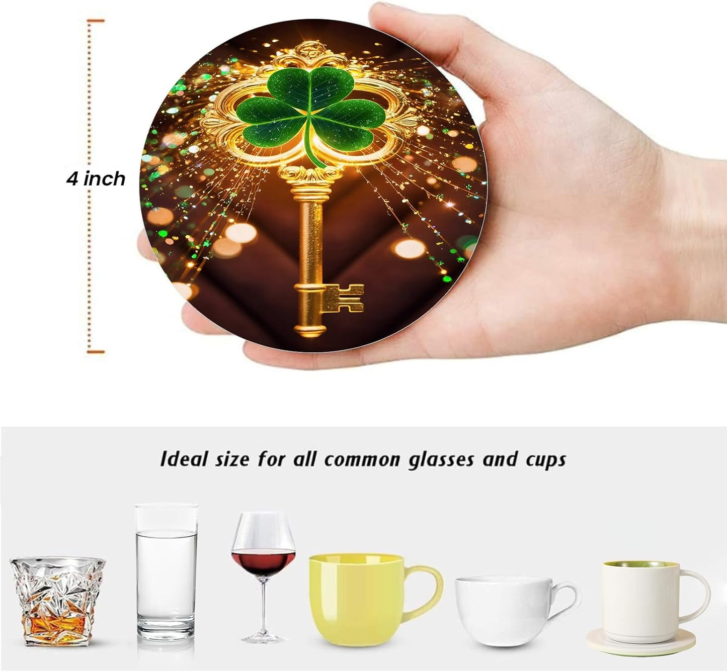 St Patricks Day Gold Green Drink Coasters Set of 6, Round Absorbent Ceramic Coaster, with Metal Holder and Cork Base,Luck Shamrock Clover Coasters for Coffee Table Kitchen Housewarming Gifts