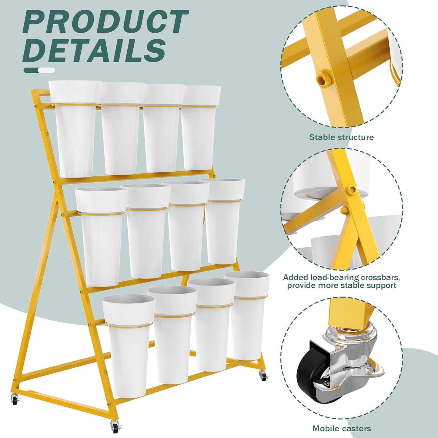 Asee'm Flower Display Stand with Buckets, 3 Layer Metal Flower Bar Stand, Heavy Duty Flowers Cart Display with Wheels Moving Plant Bouquet Shelf for Indoor Outdoor Patio Decor Terrace Wedding Gold