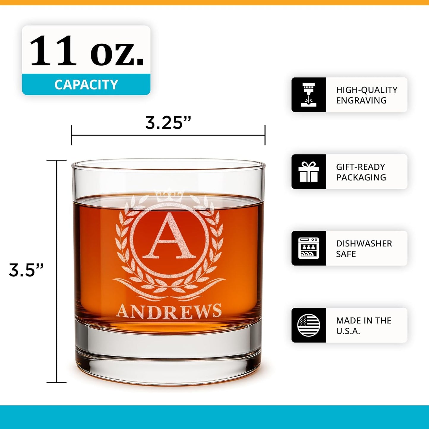 On The Rox Personalized Whiskey, Bourbon Glass Gifts for Men - 11 oz Engraved Name Monogram Scotch Glass - Customized Cocktail, Rocks, Brandy Glass Drinks