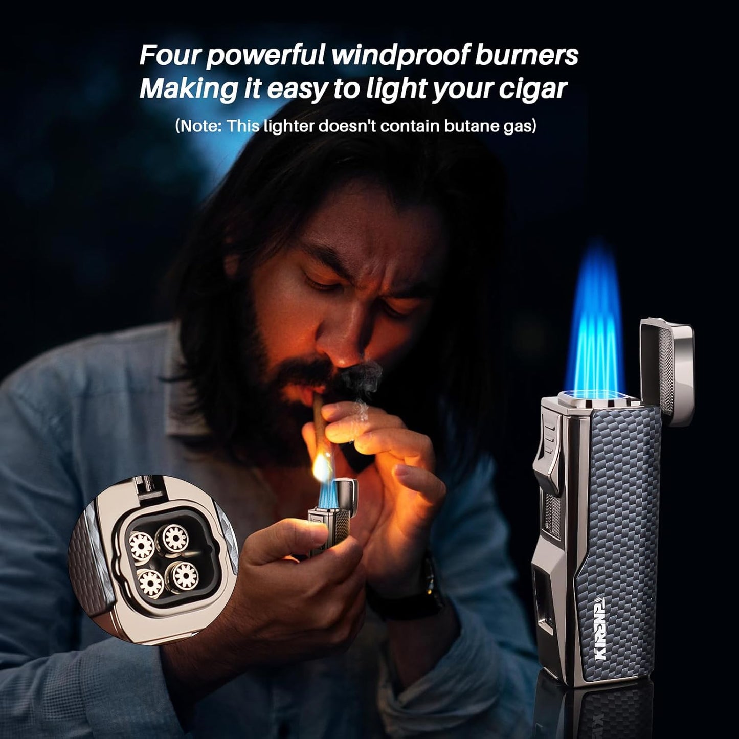 All-in-one Cigar Lighter with V Cigar Cutter, Built-in Cigar Punch, Cigar Holder, Quad Windproof Jet Flame, 4 in 1 Refillable Torch Lighter Set with Gift Box, Cool lighters for Smoking, Birthday