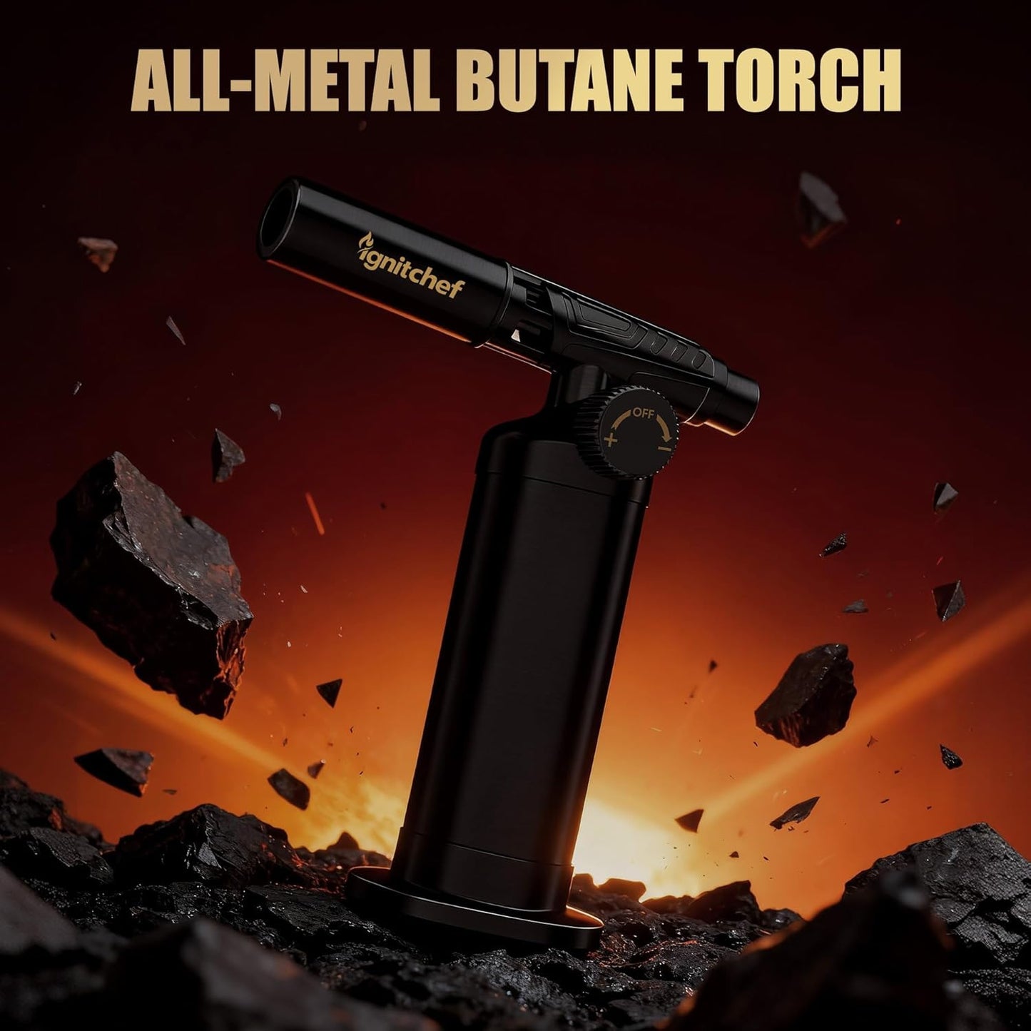 Metal Butane Torch Lighter, Refillable Kitchen Torch, Creme Brulee Torch with Adjustable Flame, Continuous Mode for Grilling Steaks, Barbecuing (PHQ-408-New)